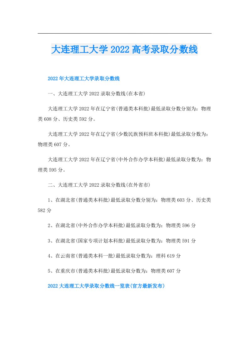 大连理工大学高考录取分数线