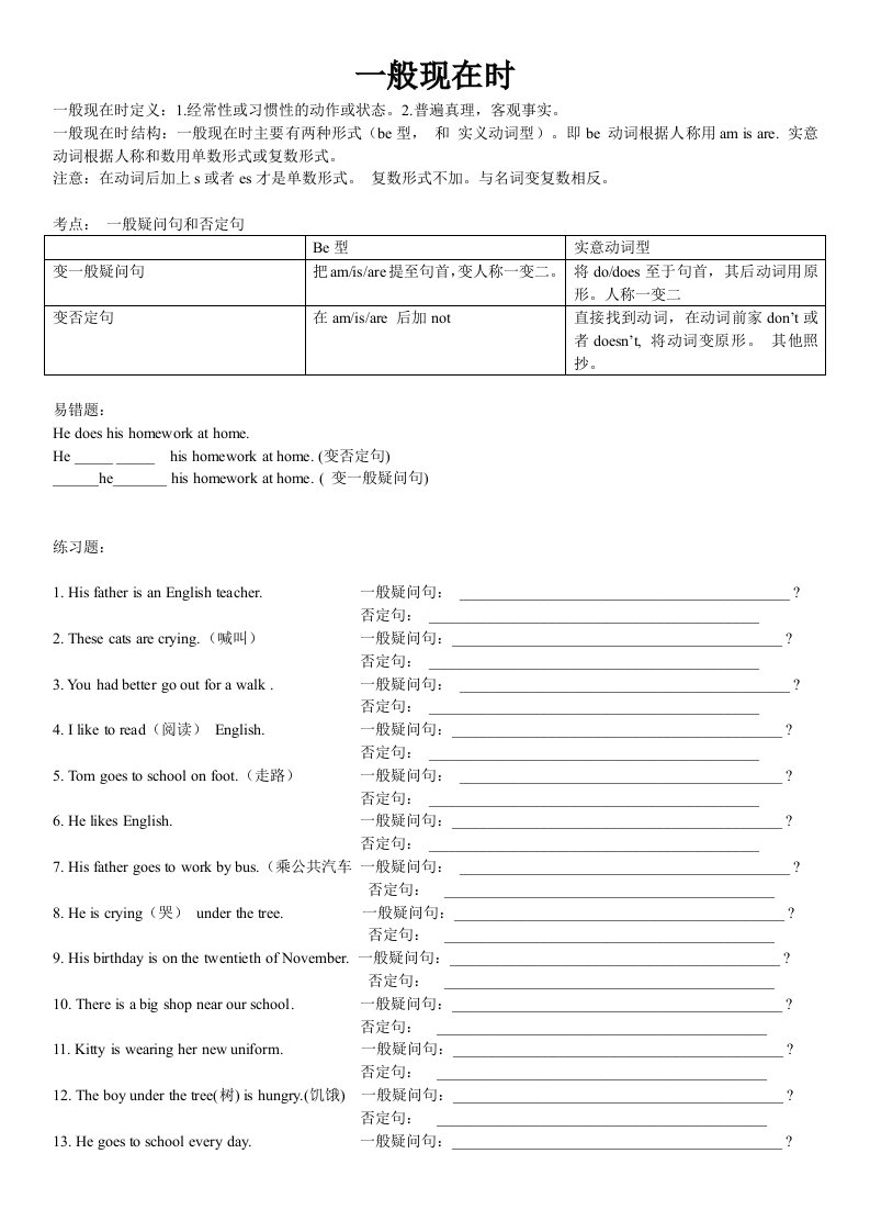 一般现在时：一般疑问句和否定句专项练习