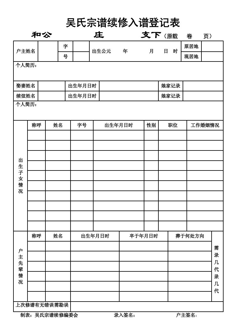 吴氏宗谱续修入谱登记表