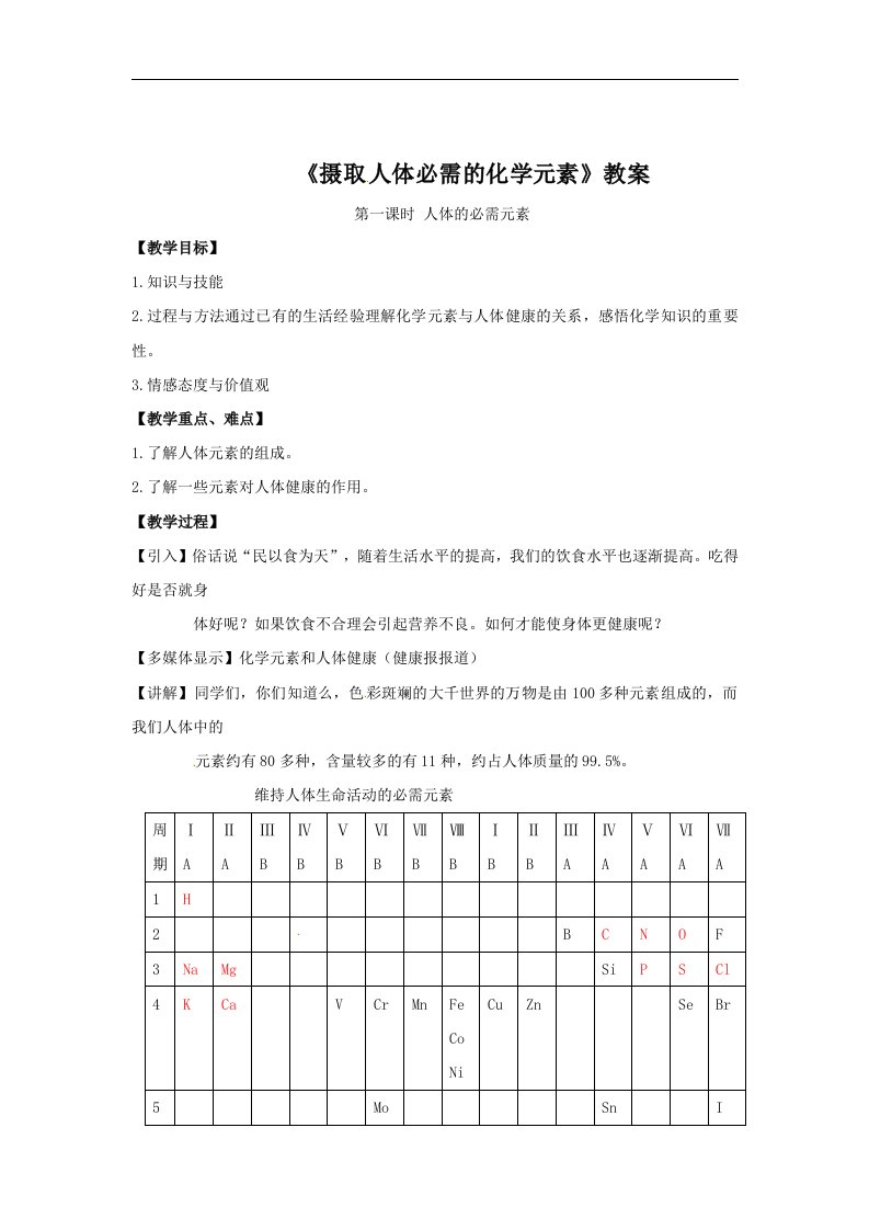 苏教版化学选修1《摄取人体必需的化学元素》