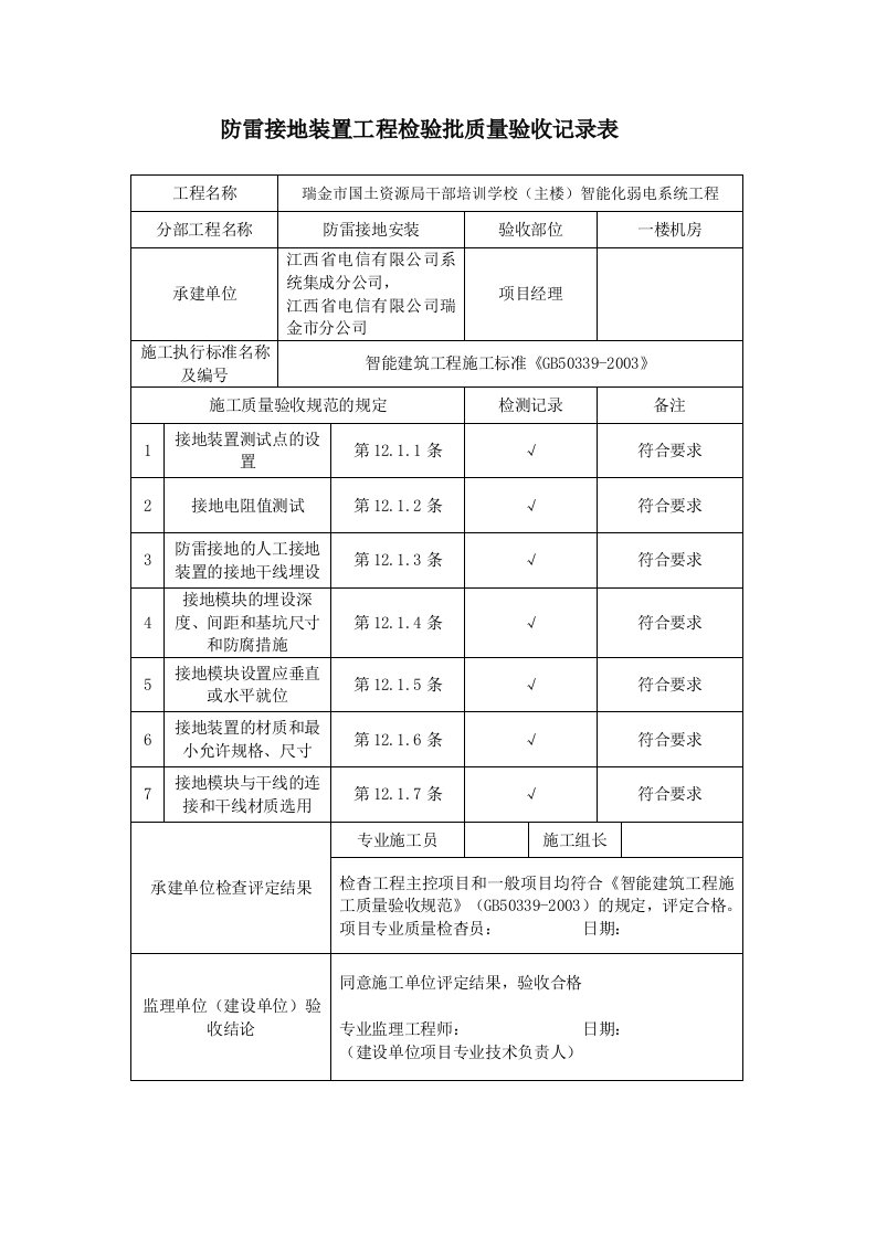 防雷接地装置工程检验批质量验收记录表