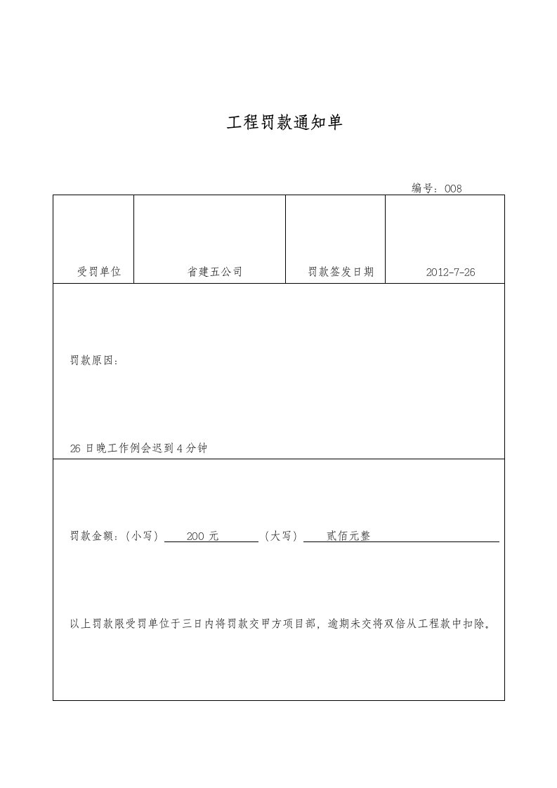 工程罚款通知单