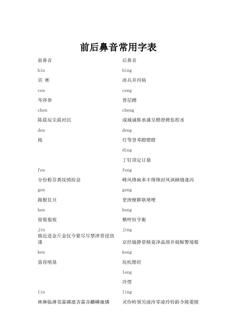 前后鼻音常用字表