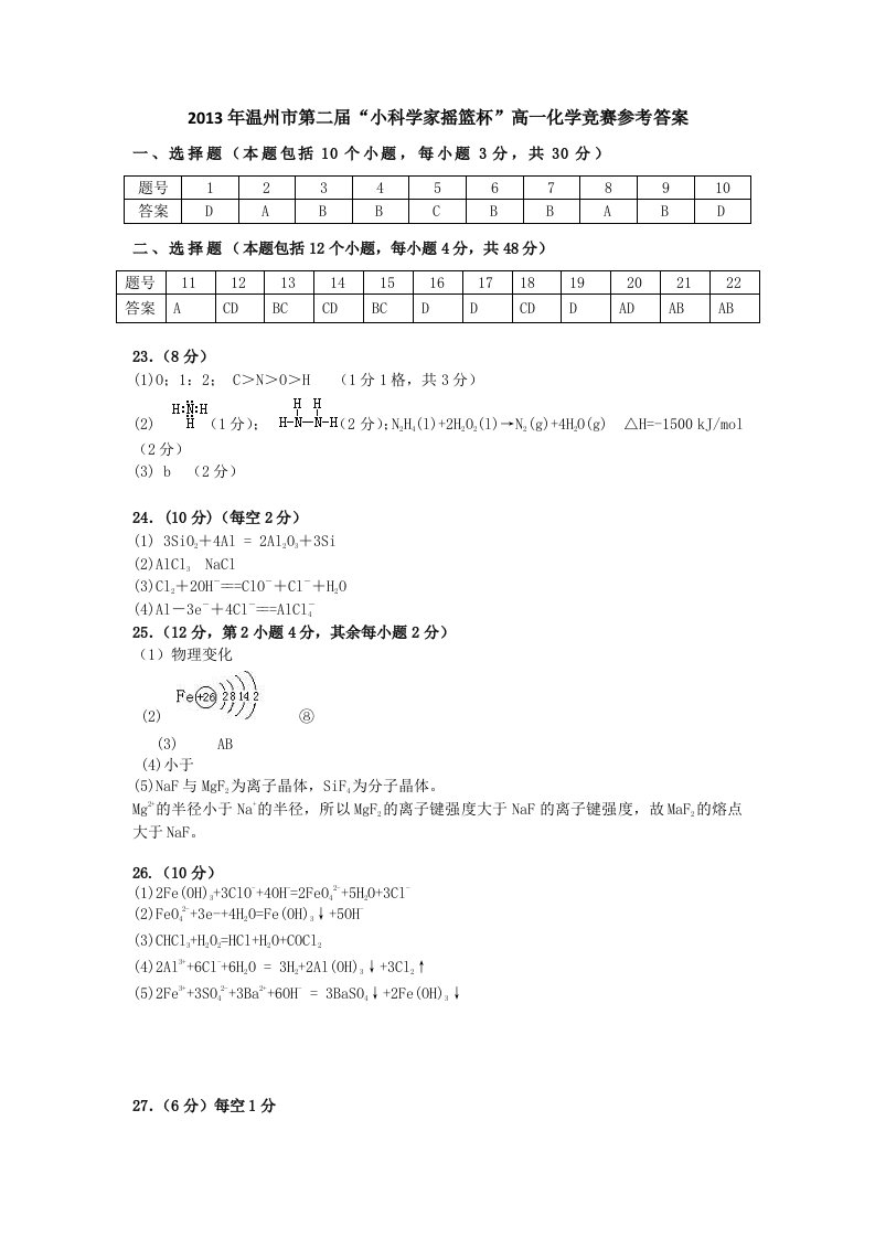 温州市第三届“小科学家摇篮杯”高一化学竞赛参考答案