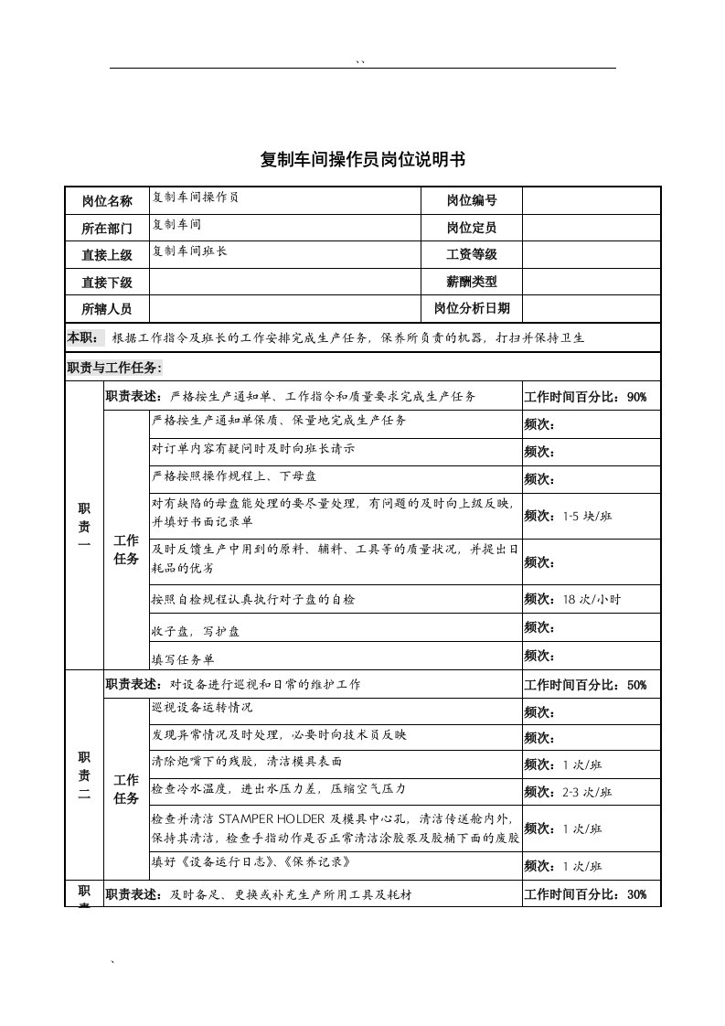 河北纪元光电公司生产部复制车间操作员岗位说明书