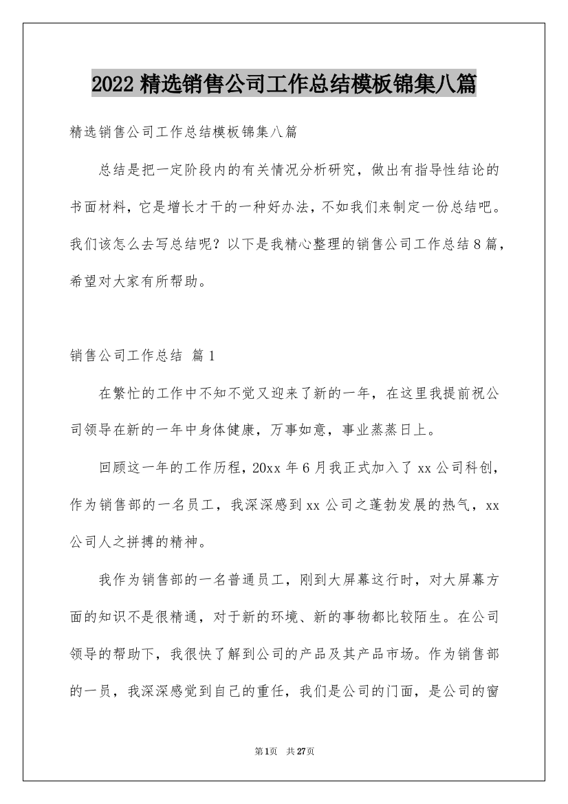 2022精选销售公司工作总结模板锦集八篇