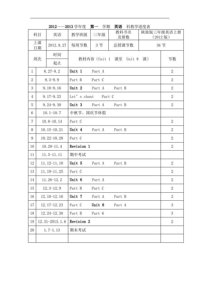 陕旅版小学英语三年级上册全册教案