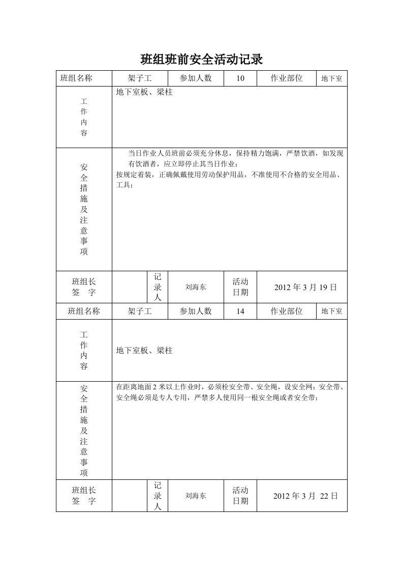 架子班组班前安全活动记录