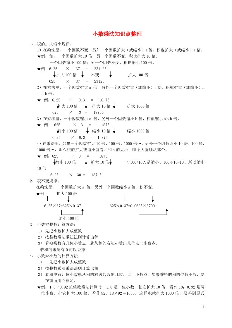 2023五年级数学上册1小数乘法知识点整理以及简便运算新人教版