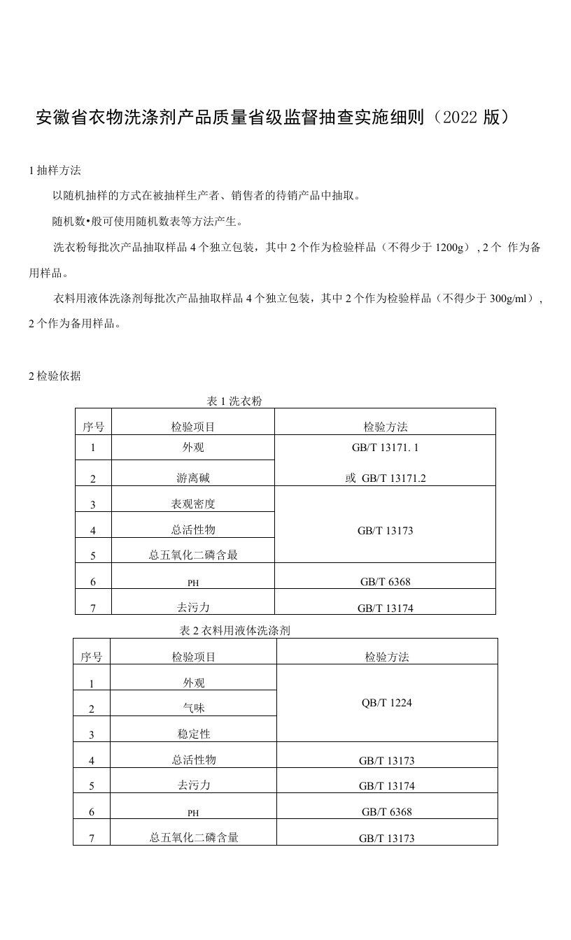 安徽省衣物洗涤剂产品质量省级监督抽查实施细则（2022版）