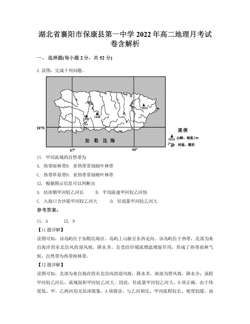 湖北省襄阳市保康县第一中学2022年高二地理月考试卷含解析