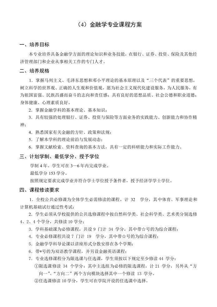 金融保险-4金融学专业课程方案