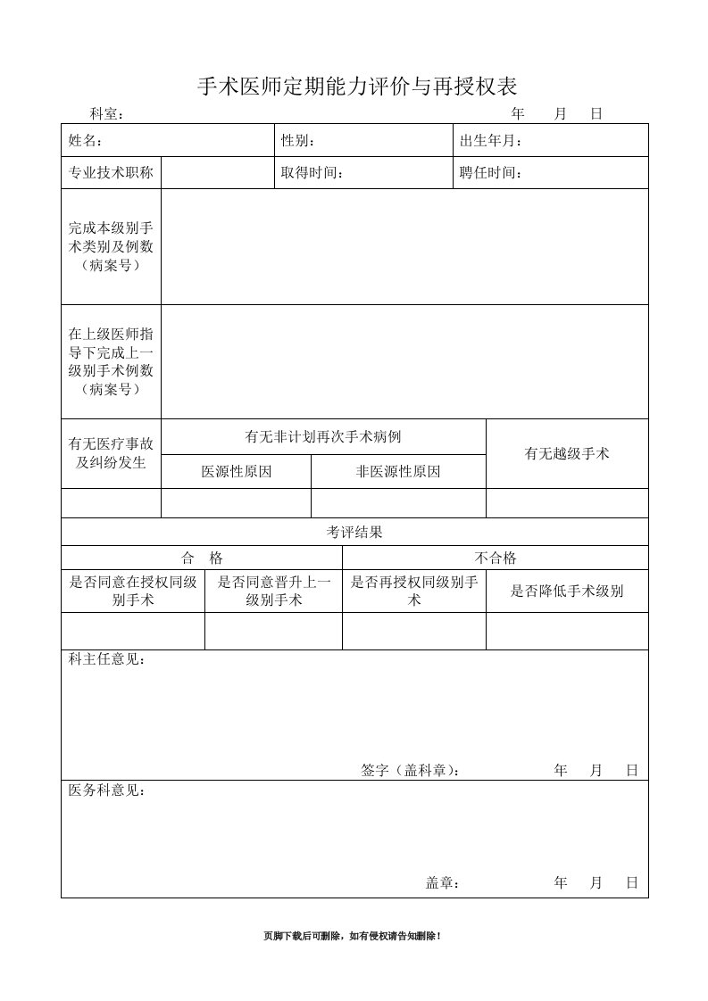 手术医师定期能力评价与再授权表