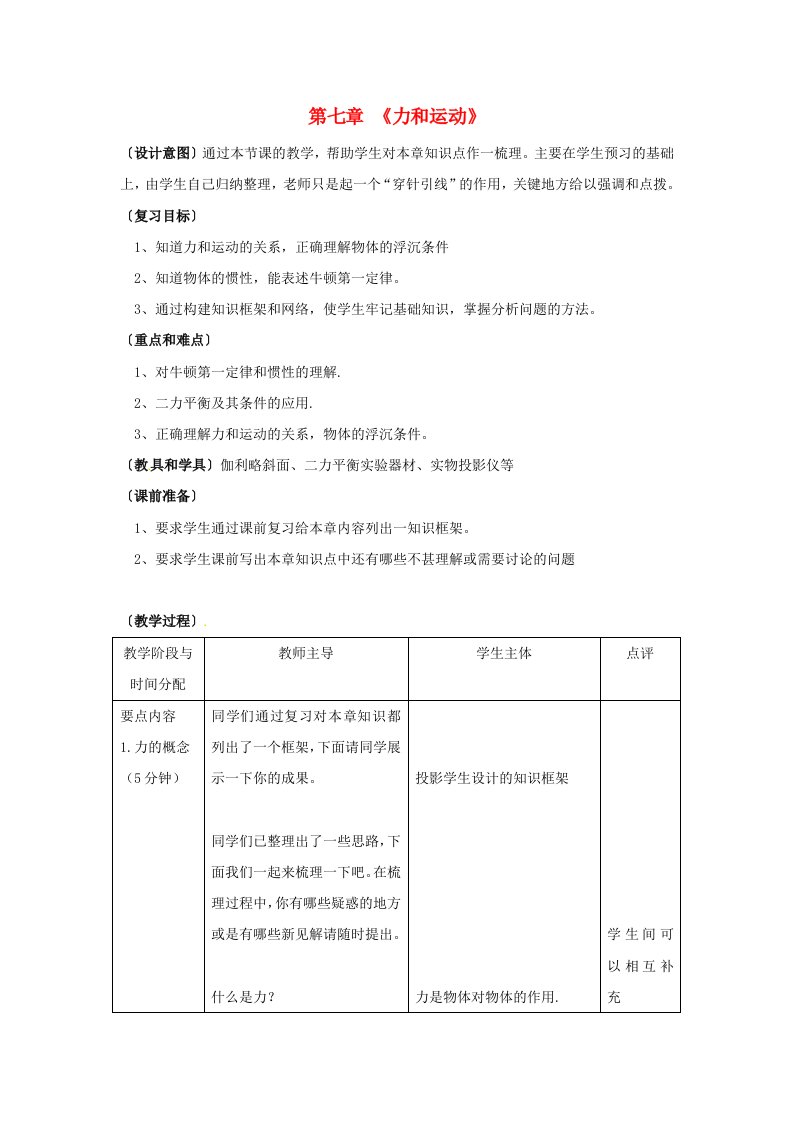 八年级物理下册《运动和力》复习教案北师大版