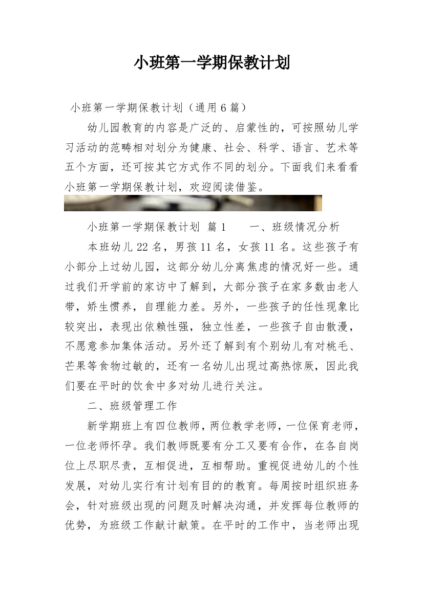 小班第一学期保教计划精编