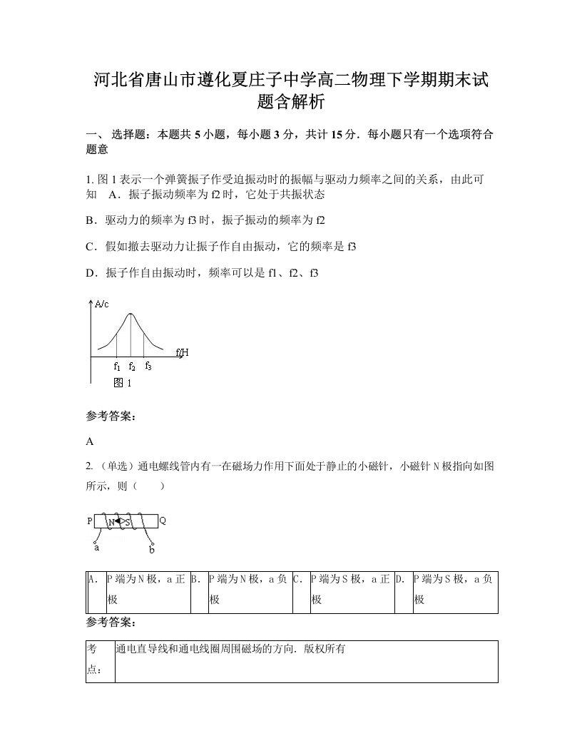 河北省唐山市遵化夏庄子中学高二物理下学期期末试题含解析