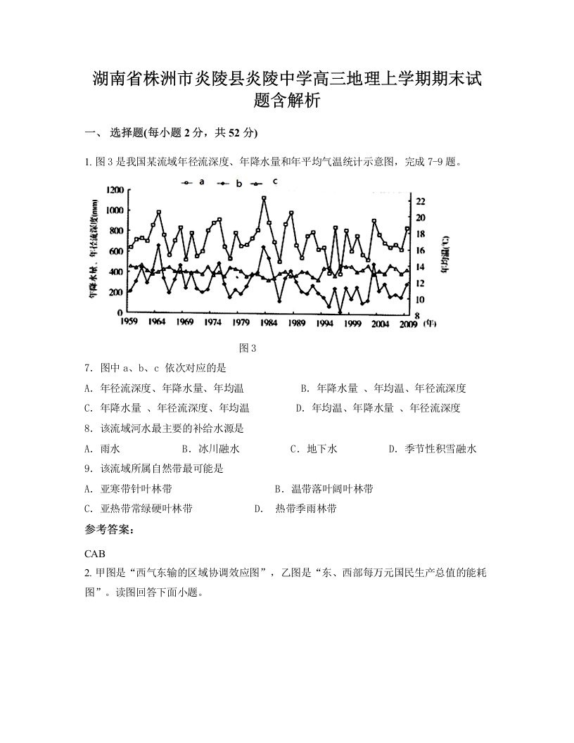 湖南省株洲市炎陵县炎陵中学高三地理上学期期末试题含解析