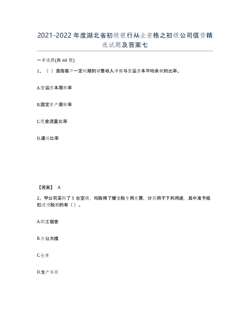 2021-2022年度湖北省初级银行从业资格之初级公司信贷试题及答案七