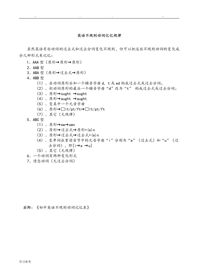 初中英语不规则动词过去式和过去分词表[共6页