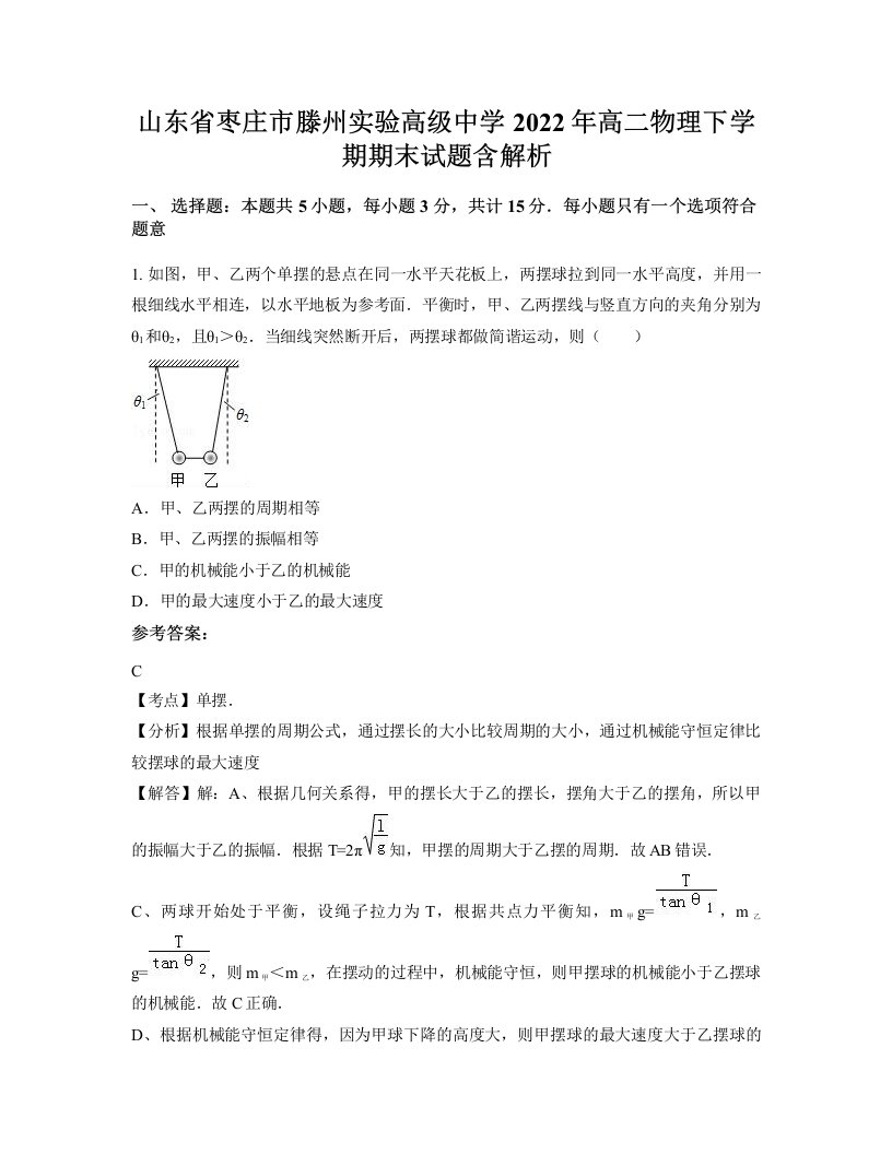 山东省枣庄市滕州实验高级中学2022年高二物理下学期期末试题含解析