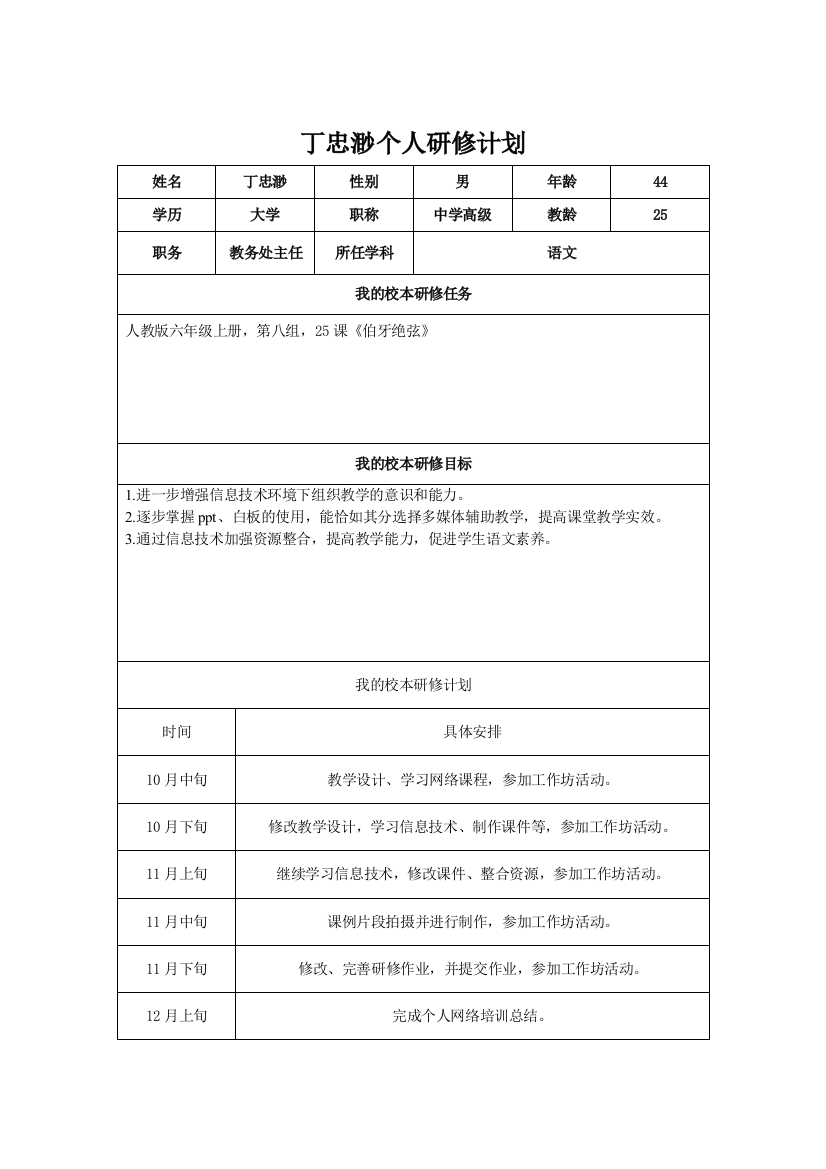 丁忠渺个人研修计划