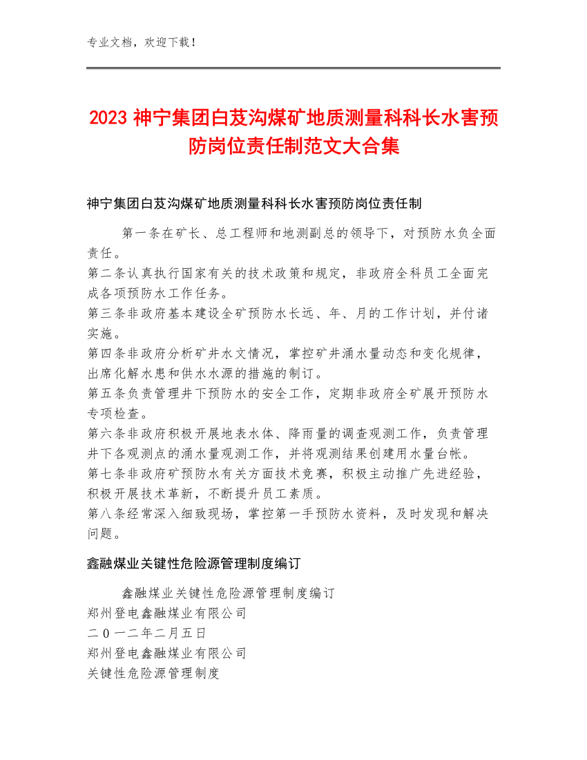 2023神宁集团白芨沟煤矿地质测量科科长水害预防岗位责任制范文大合集