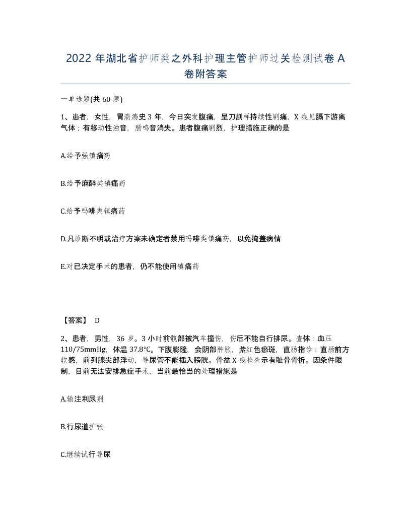 2022年湖北省护师类之外科护理主管护师过关检测试卷A卷附答案