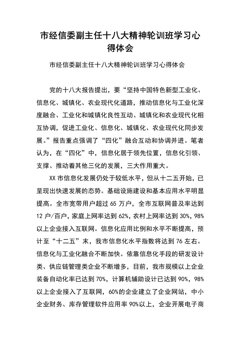 市经信委副主任十八大精神轮训班学习心得体会