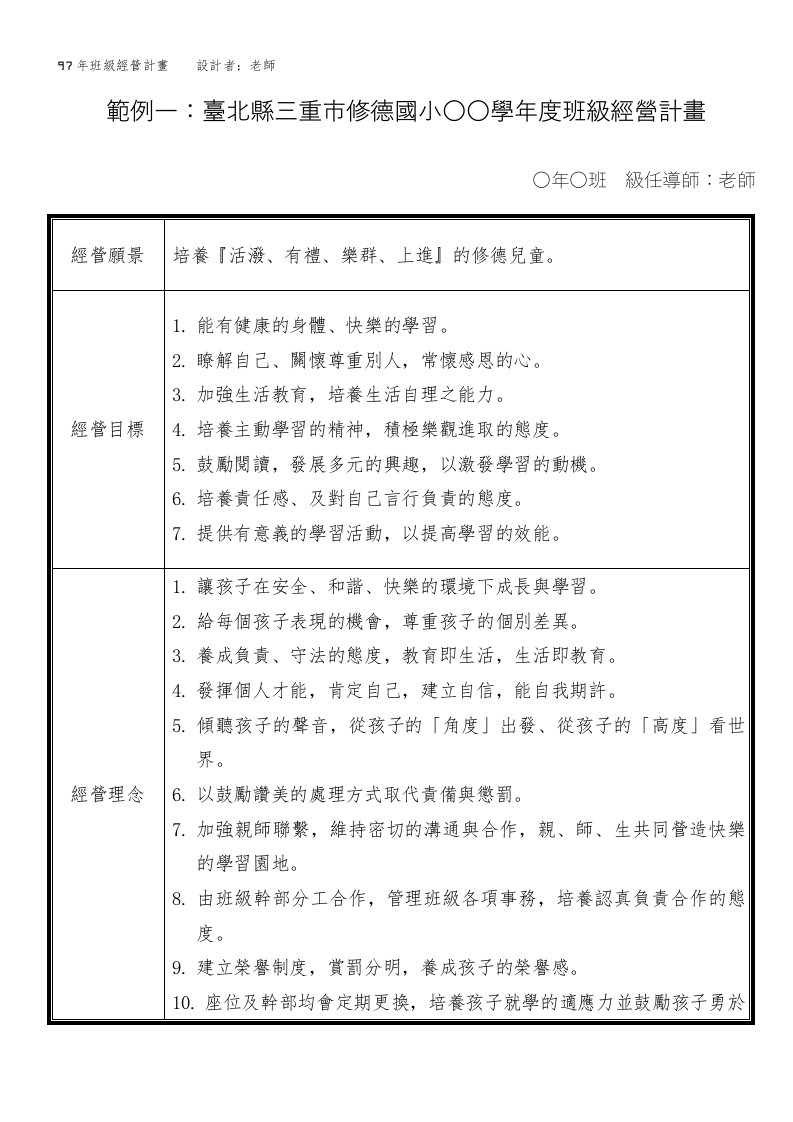 范例一台北县三重市修德国小学年度班级经营计画