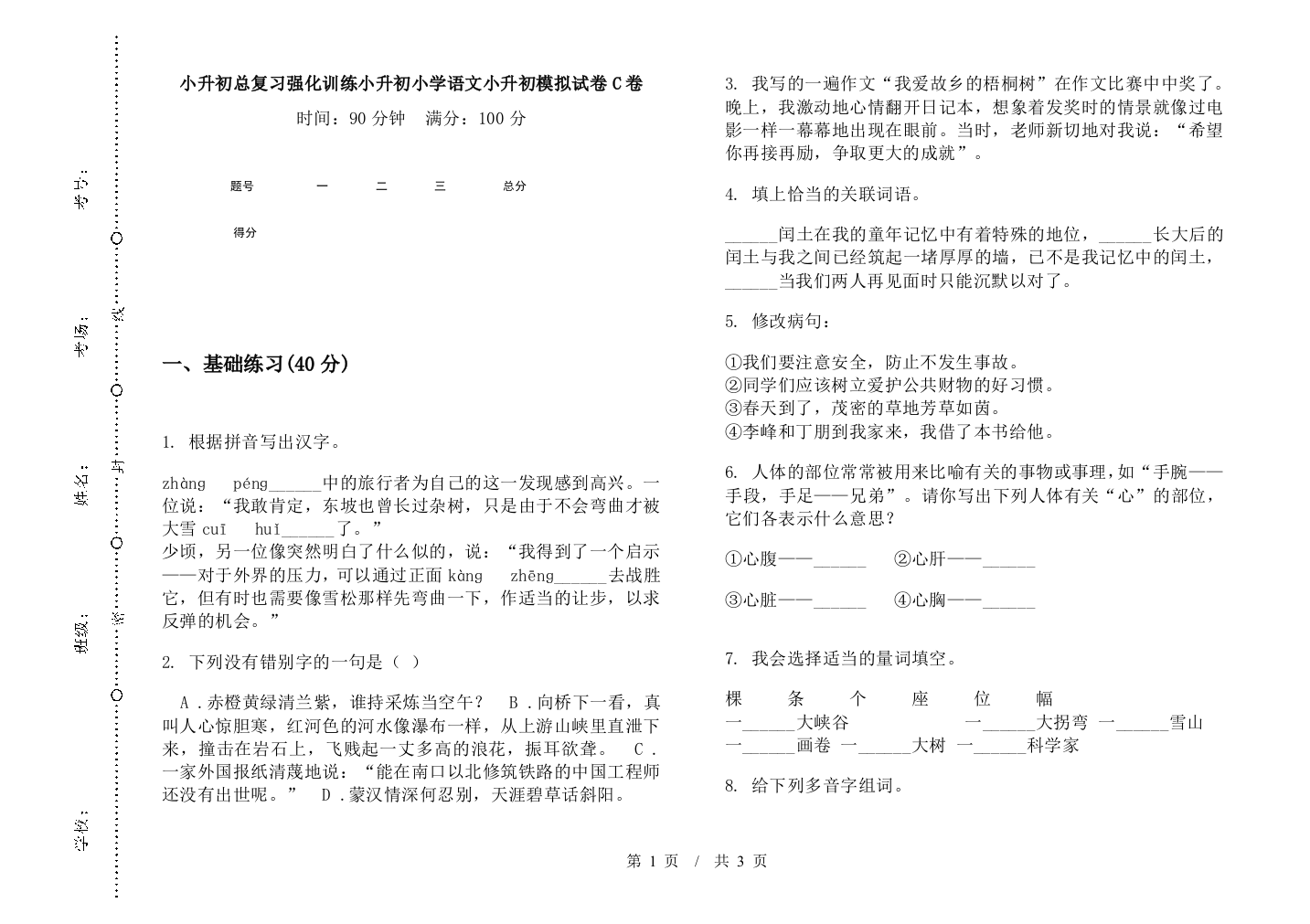 小升初总复习强化训练小升初小学语文小升初模拟试卷C卷