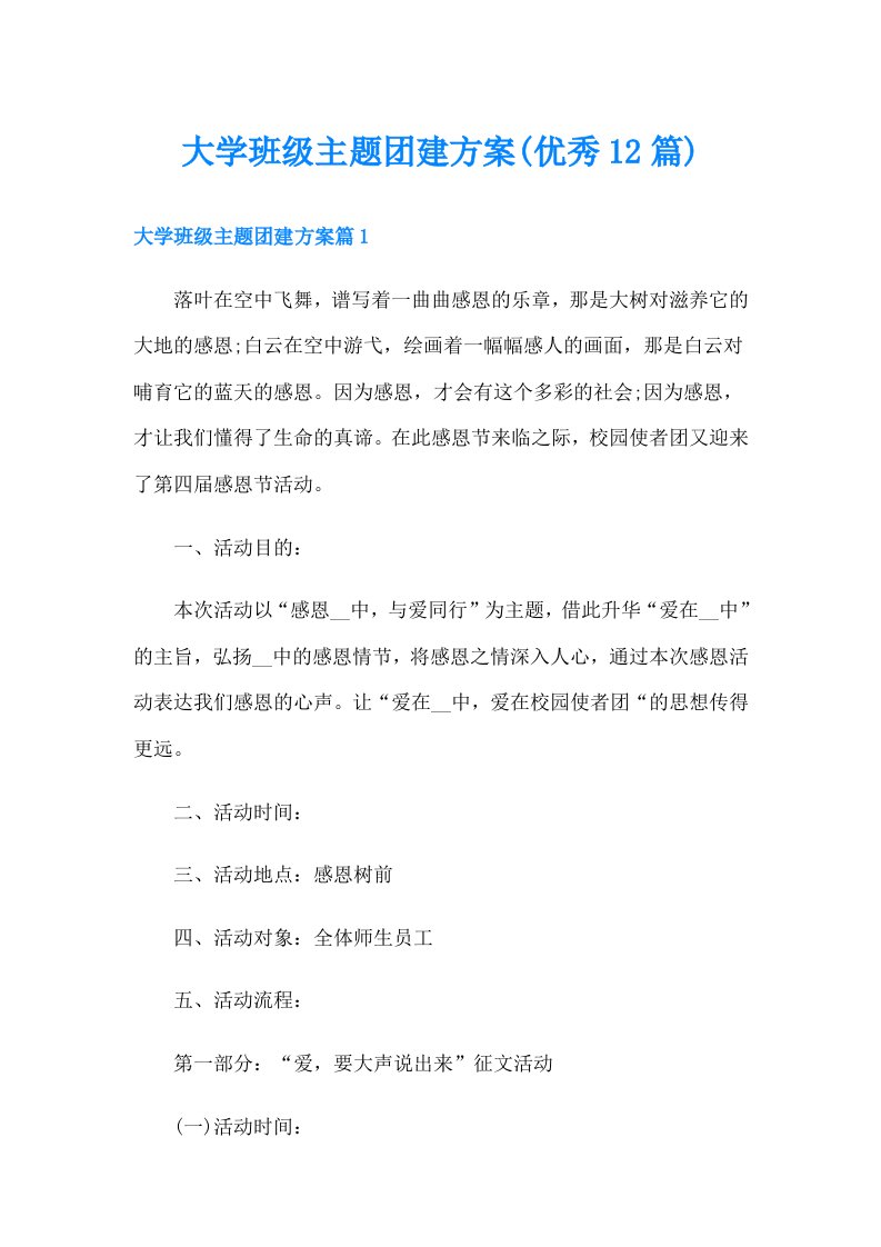 大学班级主题团建方案(优秀12篇)