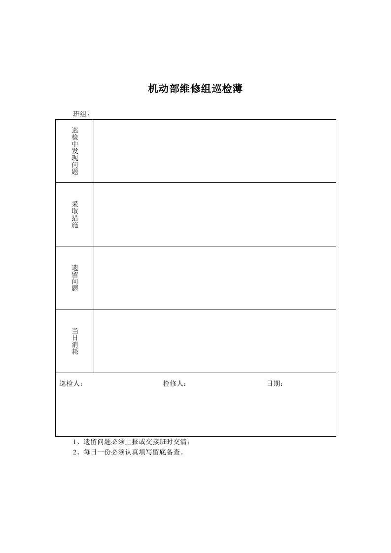 冶金行业-煤炭行业机动部维修组巡检薄