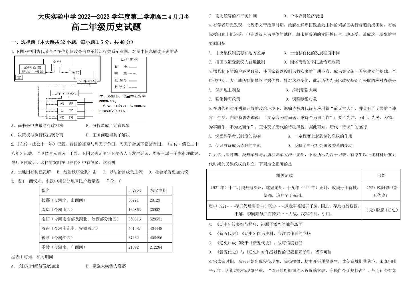 【全国百强校】黑龙江大庆实验中学2022-2023学年高二下学期4月月考历史试题