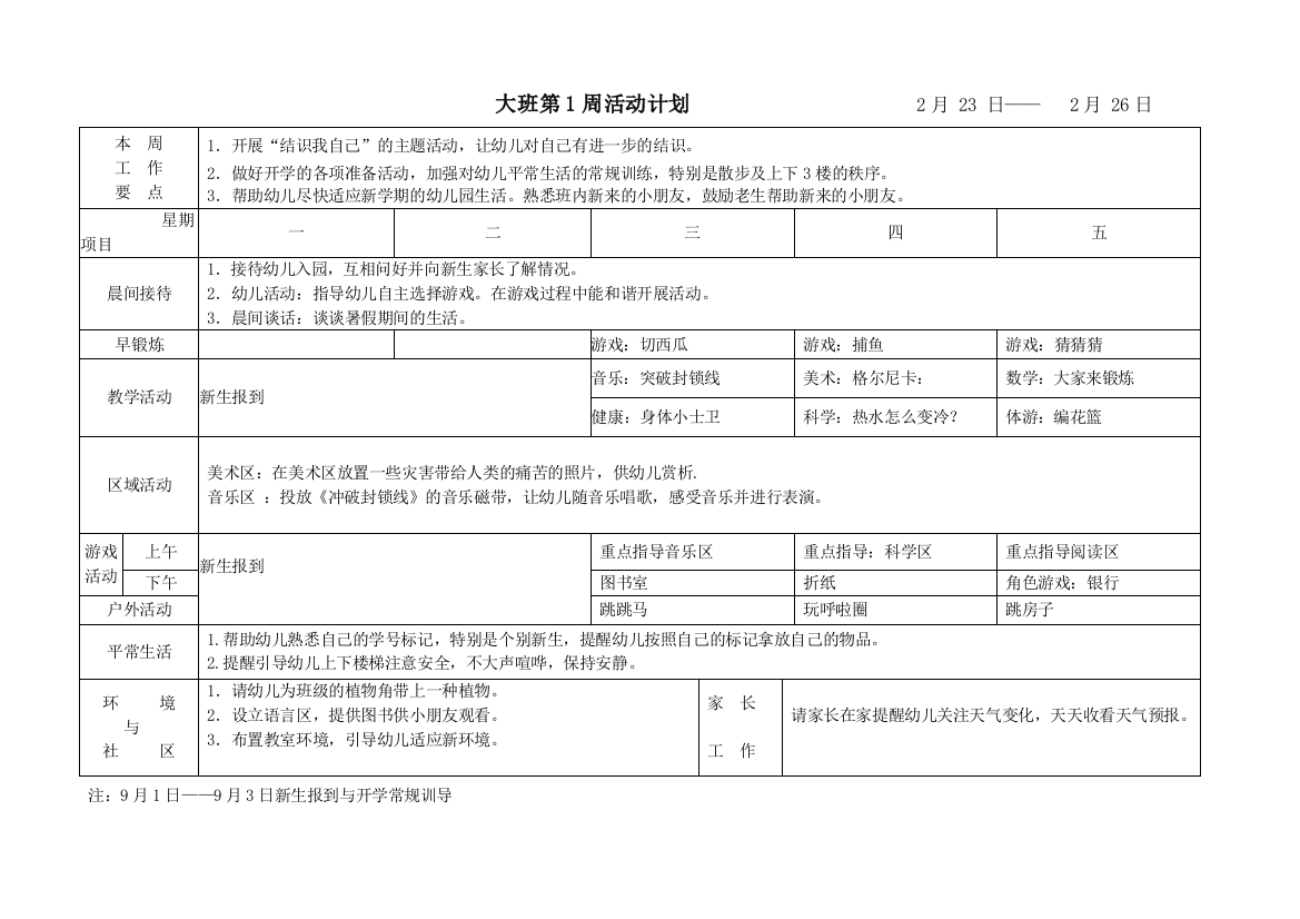 上半年幼儿园大班周计划表