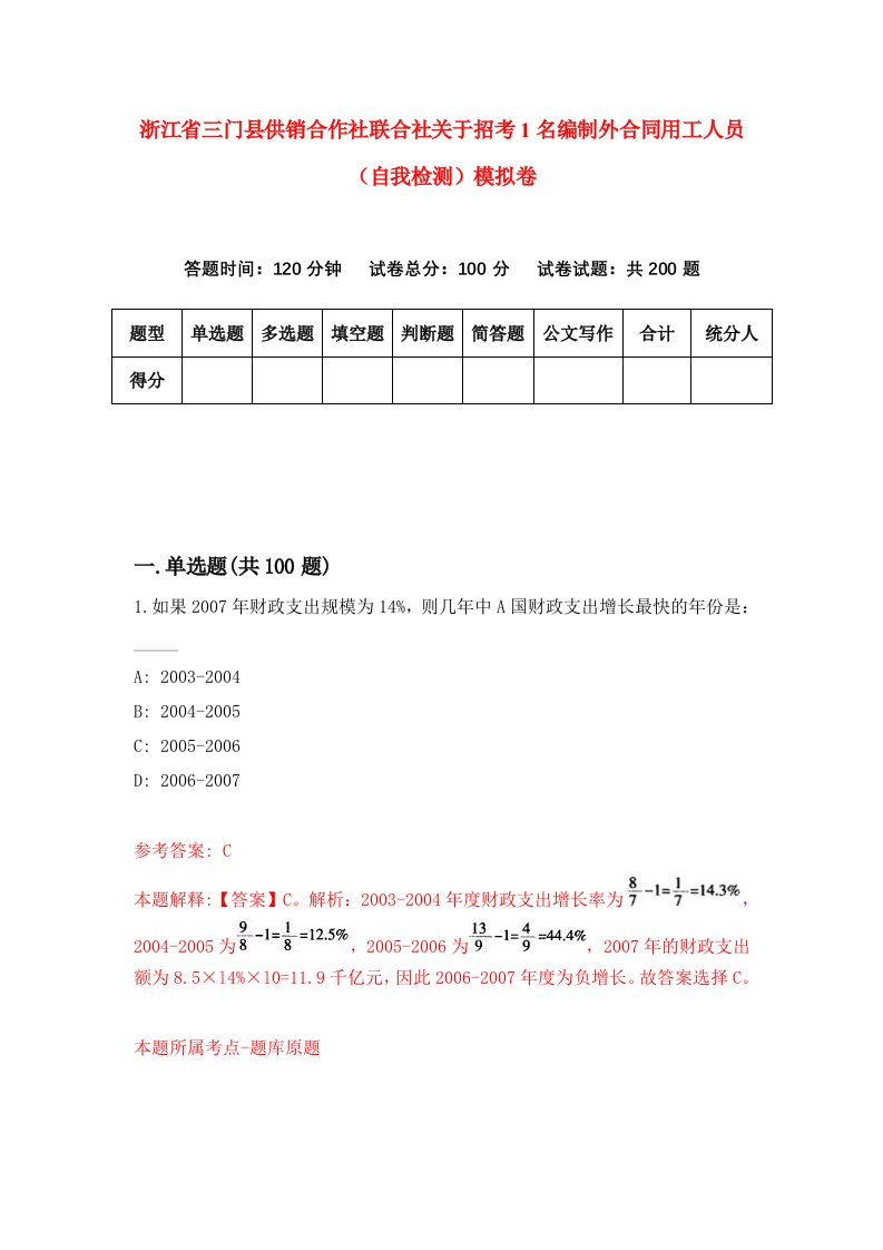 浙江省三门县供销合作社联合社关于招考1名编制外合同用工人员自我检测模拟卷第0套