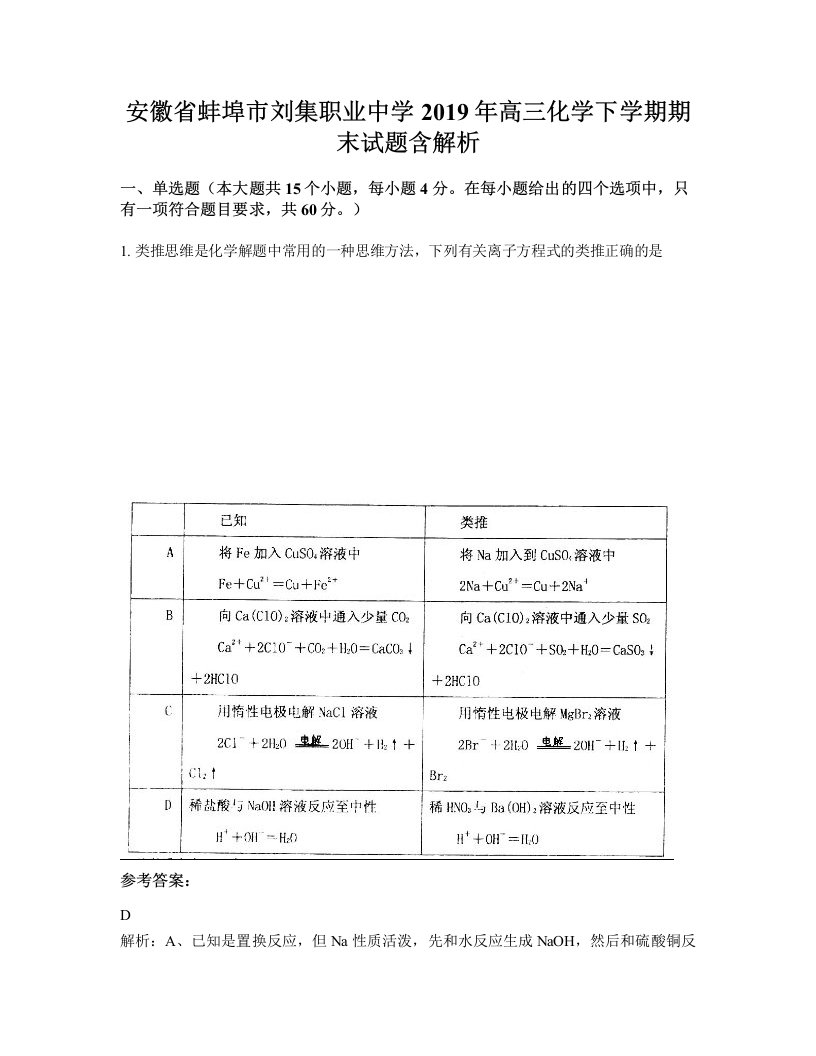 安徽省蚌埠市刘集职业中学2019年高三化学下学期期末试题含解析