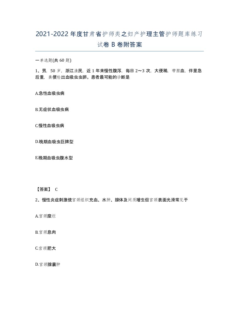 2021-2022年度甘肃省护师类之妇产护理主管护师题库练习试卷B卷附答案