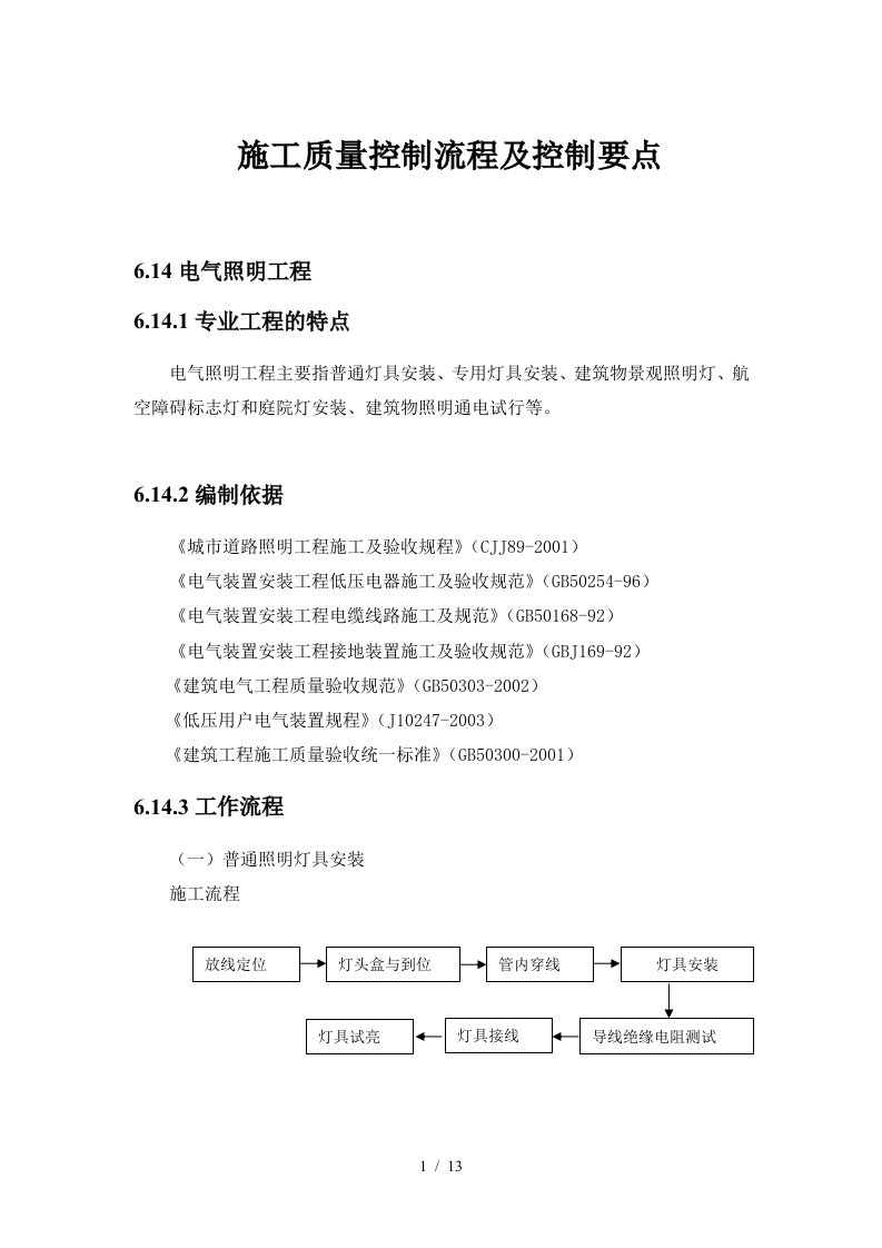 【中海地产】施工质量控制流程及控制要点：电气照明工程