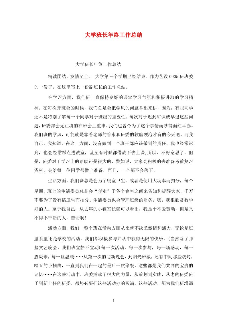 精选大学班长年终工作总结