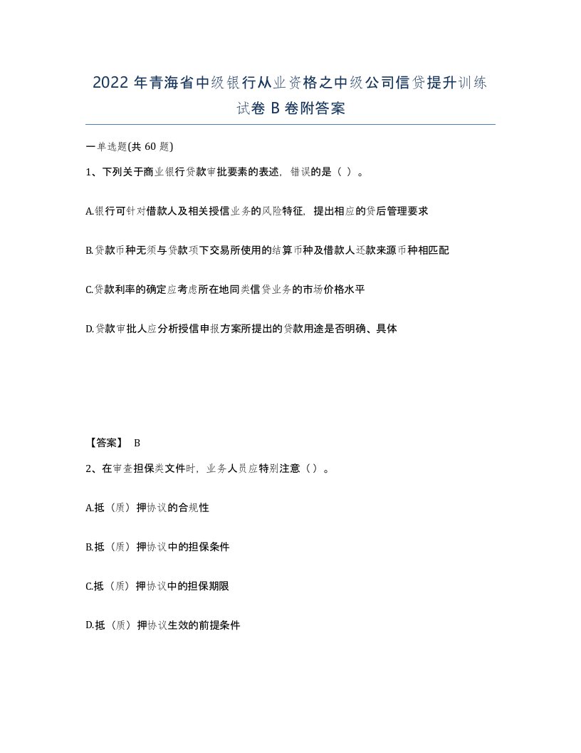 2022年青海省中级银行从业资格之中级公司信贷提升训练试卷B卷附答案