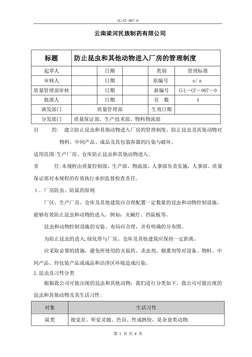 GL-CF-007-0防止昆虫和其他动物进入厂房的管理制度可编辑范本