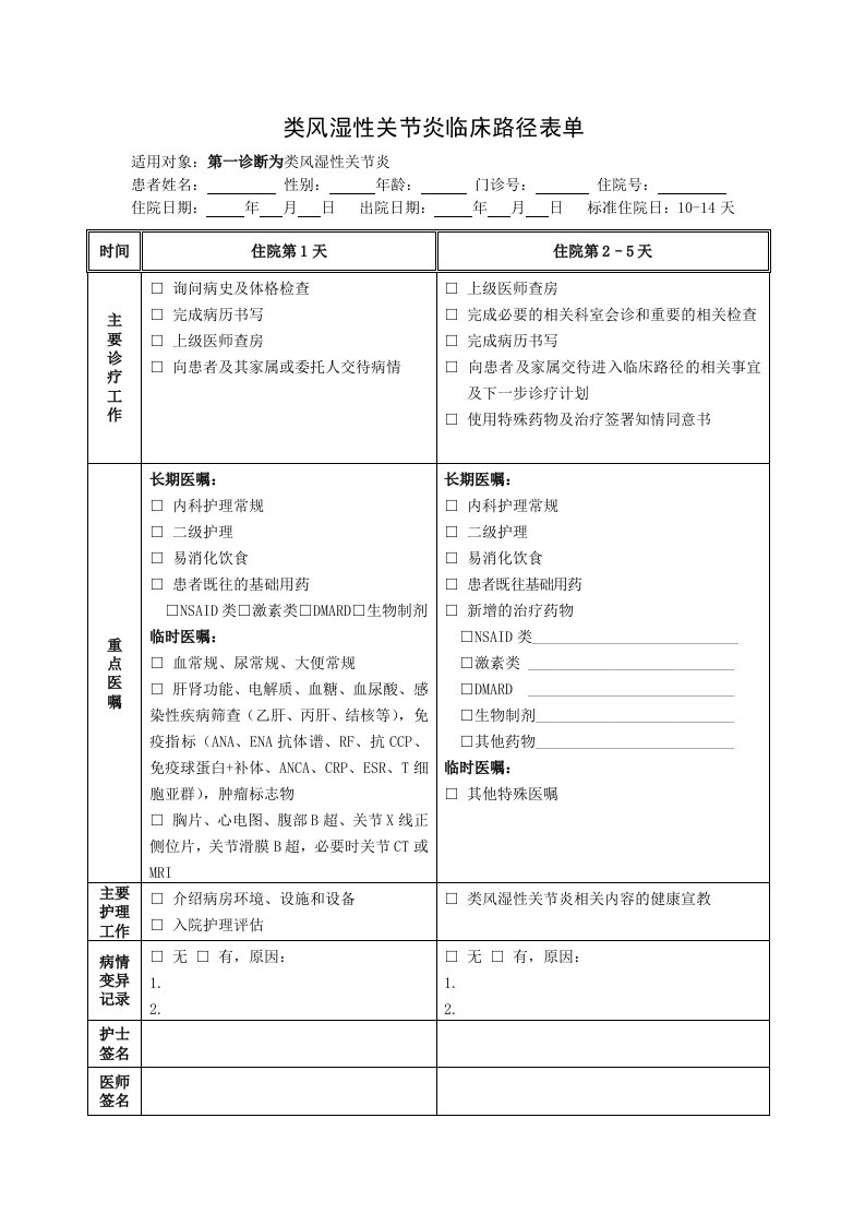 类风湿性关节炎临床路径表单