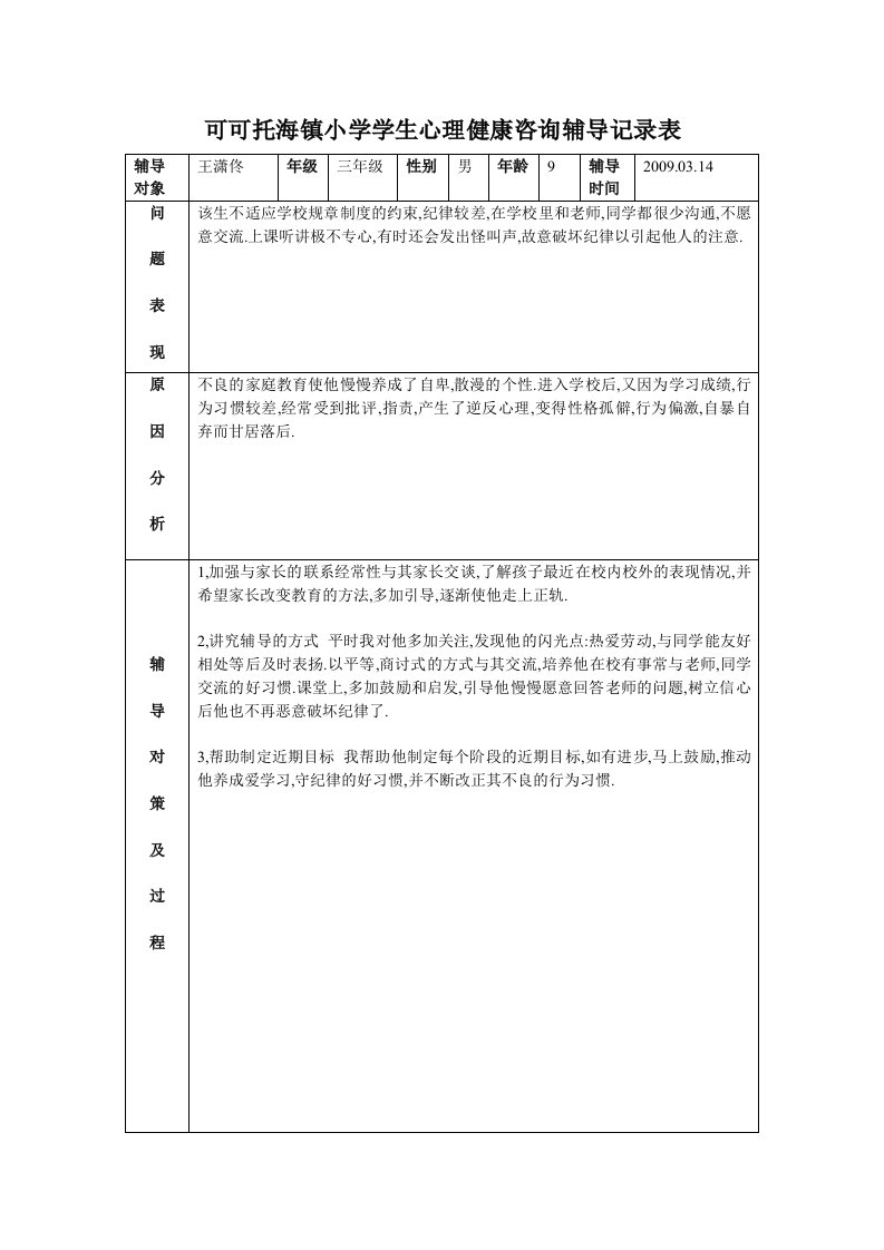 可可托海镇小学学生心理健康咨询辅导记录表