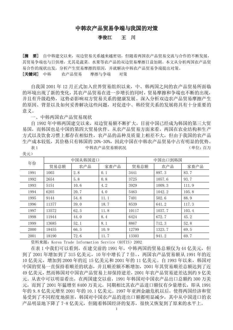 中韩农产品贸易争端与我国的对策