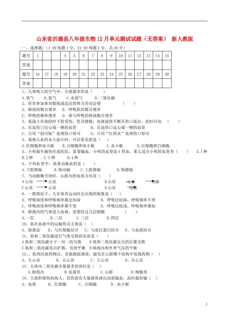 山东省沂源县八级生物12月单元测试试题（无答案）