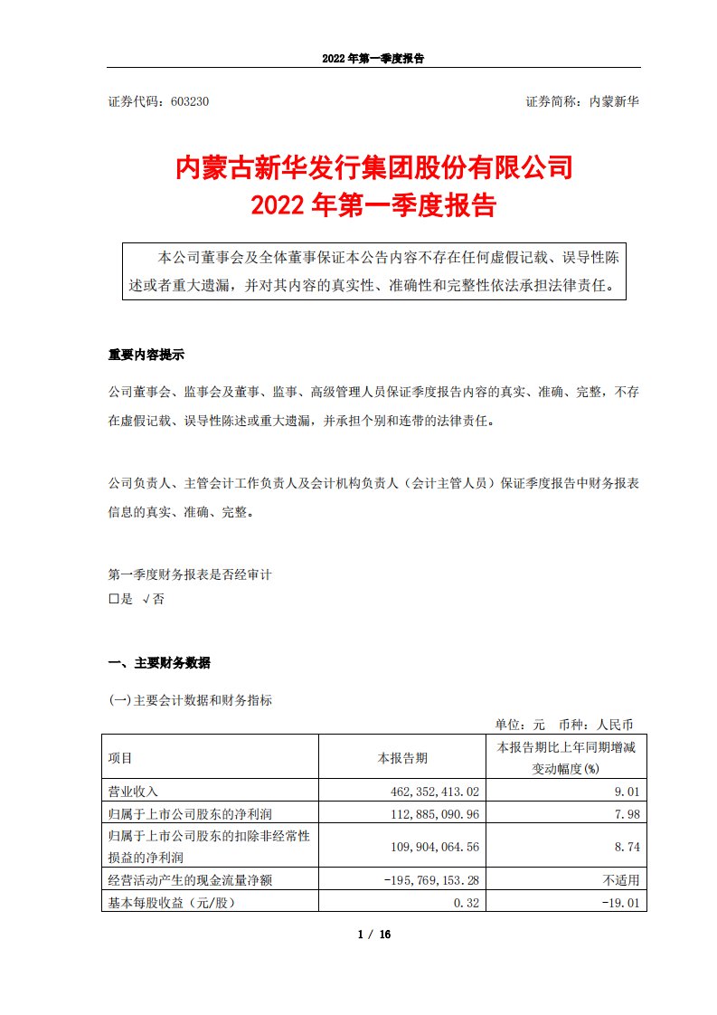 上交所-内蒙古新华发行集团股份有限公司2022年第一季度报告