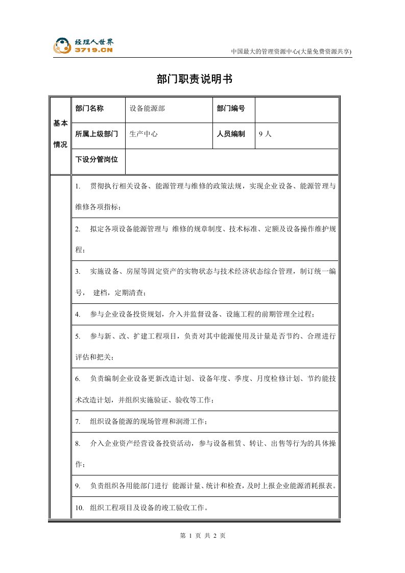 柴油机制造公司部门职责说明书-设备能源部(doc)-设备管理