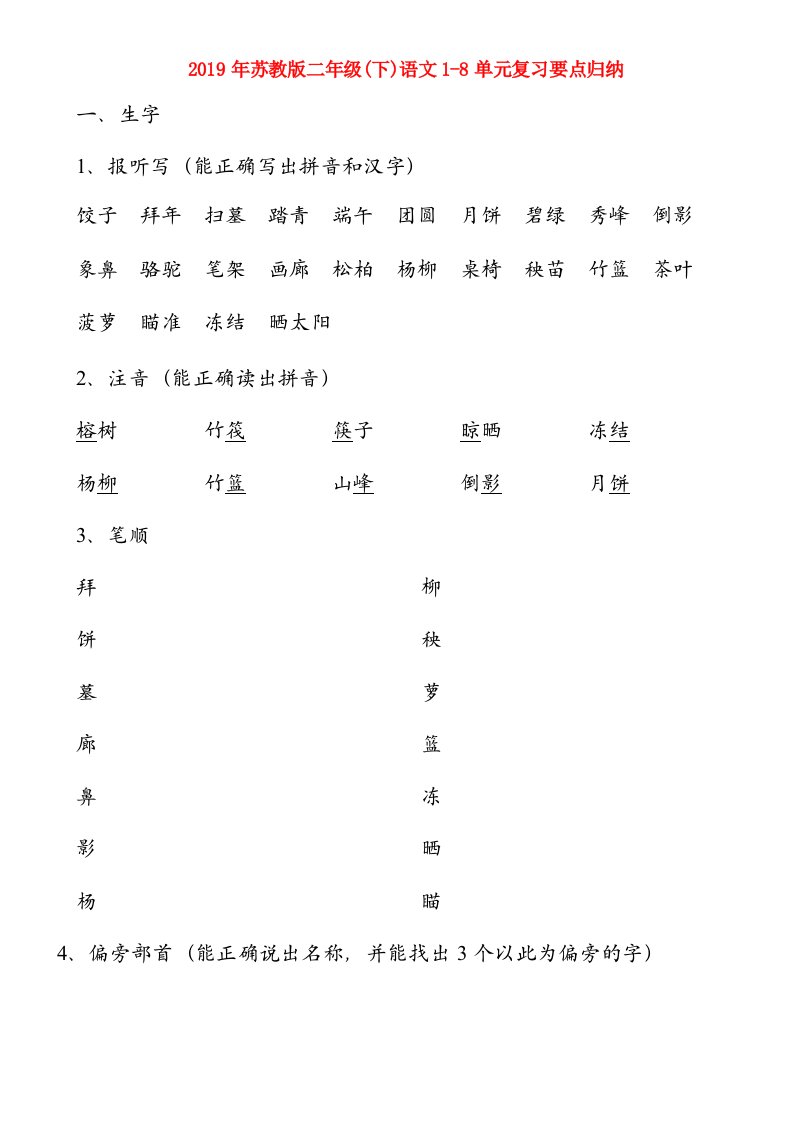 2019年苏教版二年级(下)语文1-8单元复习要点归纳