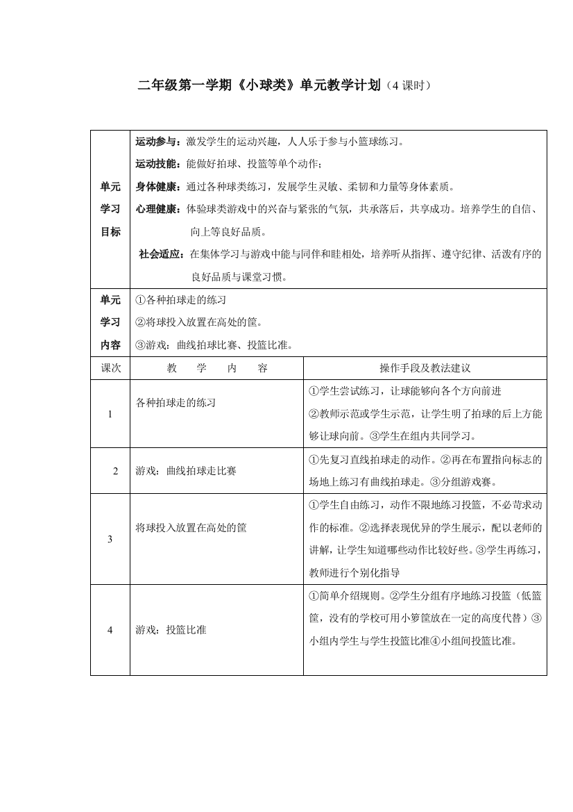 小学体育二年级第一学期《小球类》单元教学计划