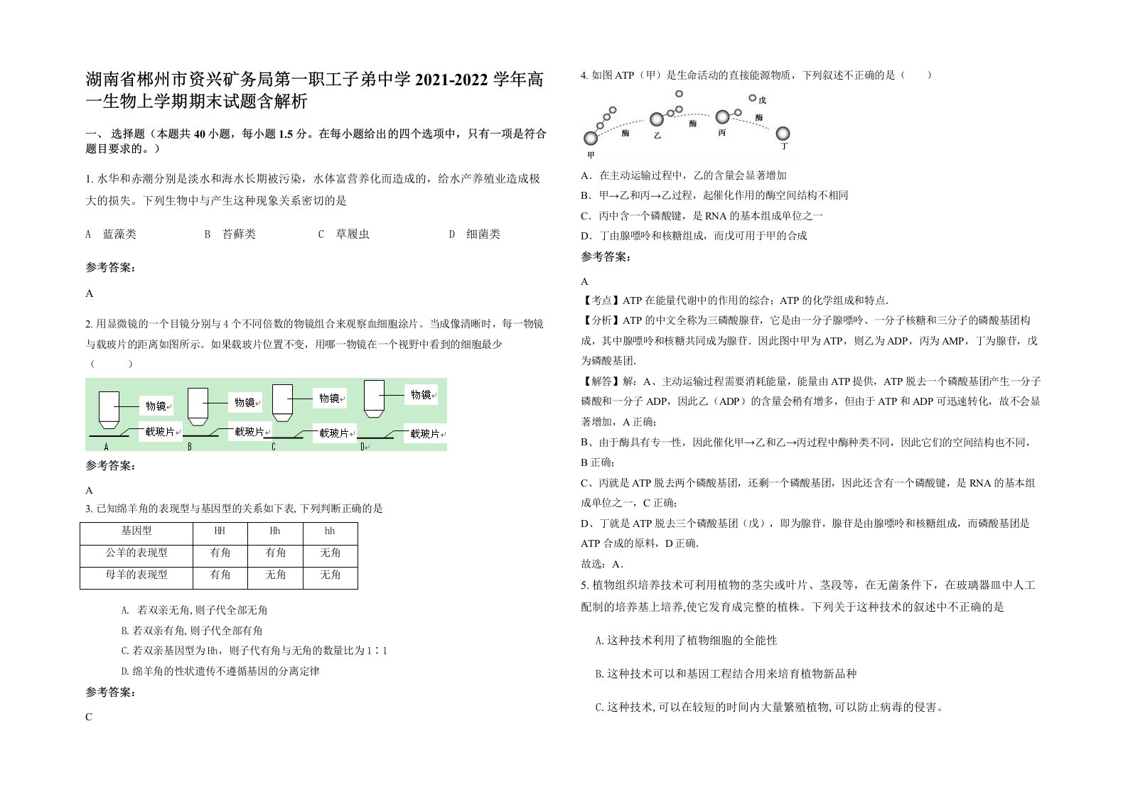 湖南省郴州市资兴矿务局第一职工子弟中学2021-2022学年高一生物上学期期末试题含解析